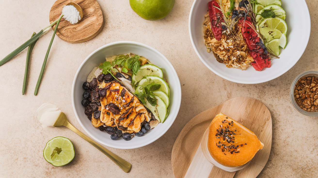 Mulher sorridente segurando alimentos saudáveis para digestão